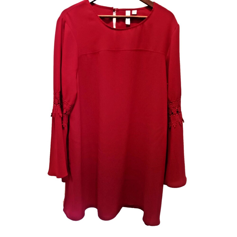 Tacera Red Bell Sleeve Shift Dress XL Crochet Lace Trim Long-sleeve Boho Mini